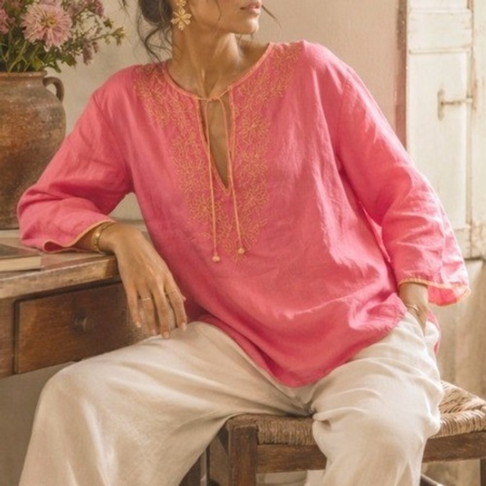 Gap 100% Linen Embroidered Tunic Top‎ Coral Medium Boho Peasant Lagenlook Beach